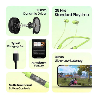 Neckband Bluetooth Earphones with Transparent Design, Up to 40H Playtime, Bluetooth 5.2, Advanced Audio Features, HD Voice, Premium Fit (Green)