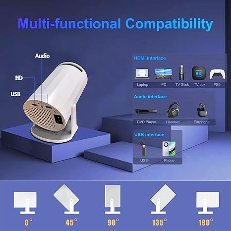 Mini Projector HY300 PRO – Portable 4K/1080P Video Projector with Dual-Band WiFi6 5G, Bluetooth 5.2, Android 11, 180° Rotatable, Auto Keystone, 35"-130" Screen (White)
