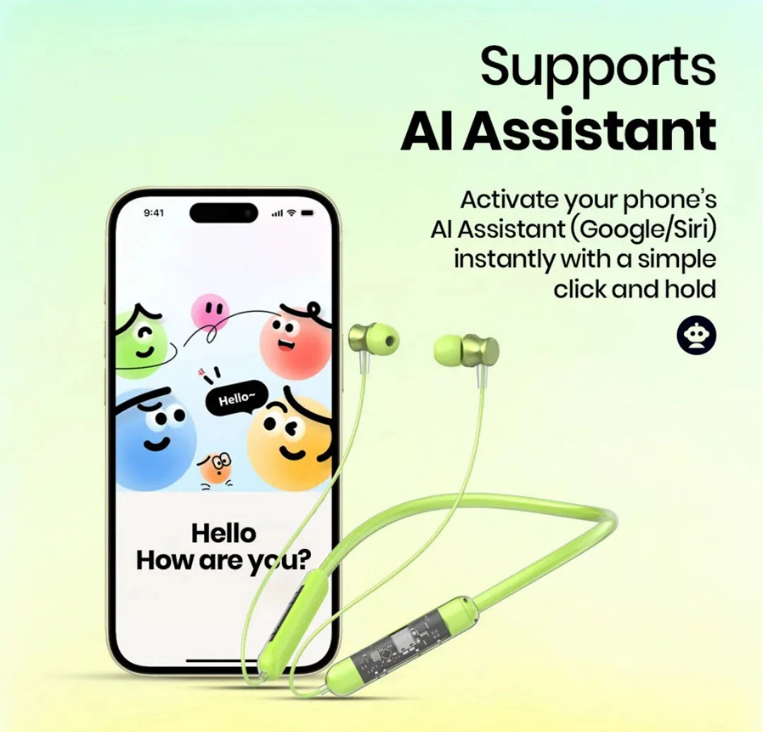 Neckband Bluetooth Earphones with Transparent Design, Up to 40H Playtime, Bluetooth 5.2, Advanced Audio Features, HD Voice, Premium Fit (Green)