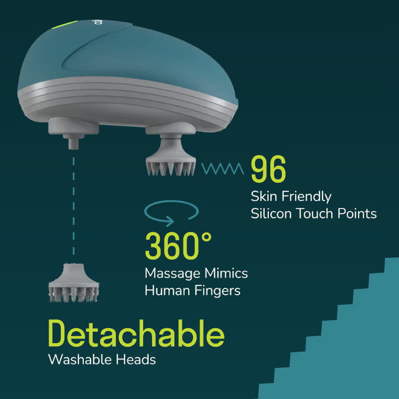 Caresmith Revive Scalp Massager with 96 Silicone Kneading Points, Detachable & Washable Heads, Electric Scalp, Head & Body Massager for Hair Growth and Relaxation (Green)