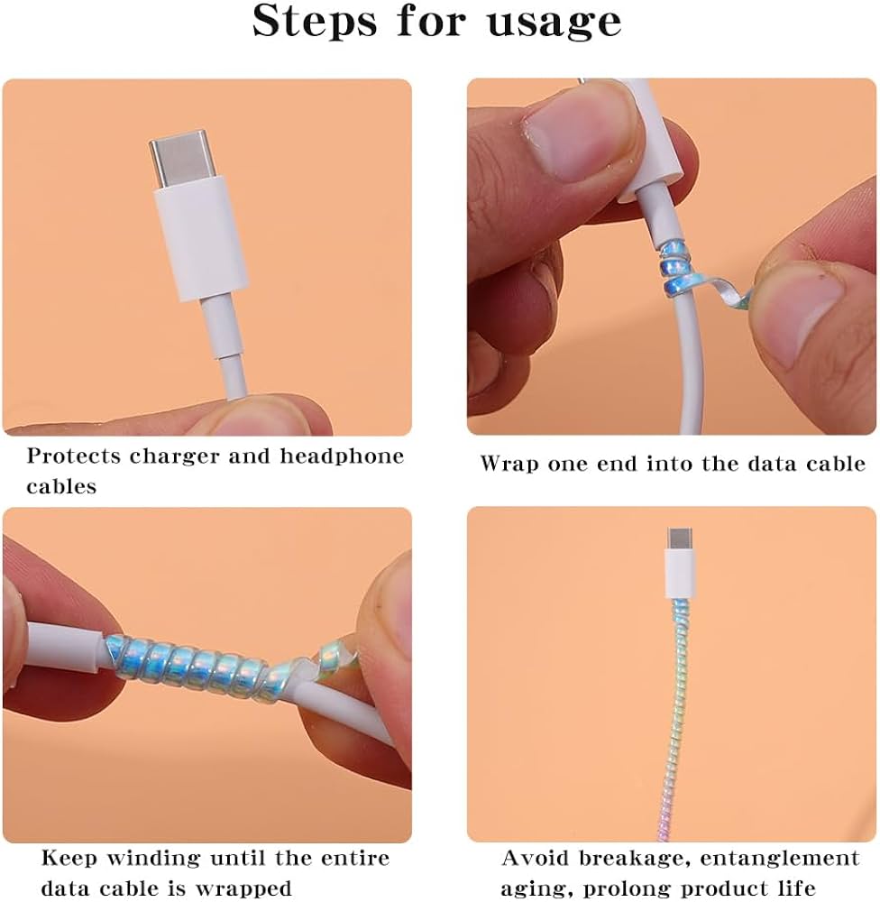 Spiral Metallic Finish Cable Protector, 1.2 Meter Full-Size Cord Saver for iPhone & Android USB Charging Cables, Earphones & Lightning Cable (Red)