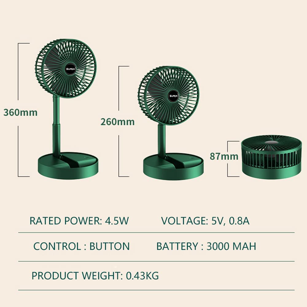 Portable Folding USB Table Fan – Rechargeable Mini Desk Fan with Adjustable Telescopic Stand, 3 Speeds, 6.5-Inch, 3000mAh Battery – Ideal for Home, Office, Kitchen, Camping & Outdoor (Green)