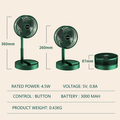 Portable Folding USB Table Fan – Rechargeable Mini Desk Fan with Adjustable Telescopic Stand, 3 Speeds, 6.5-Inch, 3000mAh Battery – Ideal for Home, Office, Kitchen, Camping & Outdoor (Green)
