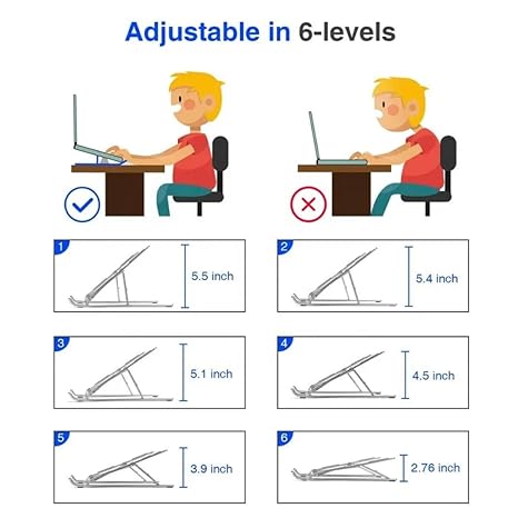 6-Angle Adjustable Aluminum Ergonomic Foldable Portable Tabletop Laptop & Desktop Riser Stand – Heat-Dissipation Design (Silver)