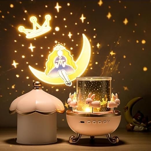 Bunny Carousel Night Light Projector Lamp – 360° Rotatable LED Night Lamp with 6 Film Shades, USB Rechargeable, Cute Bunny Design for Kids’ Bedroom, Babies, and Girls