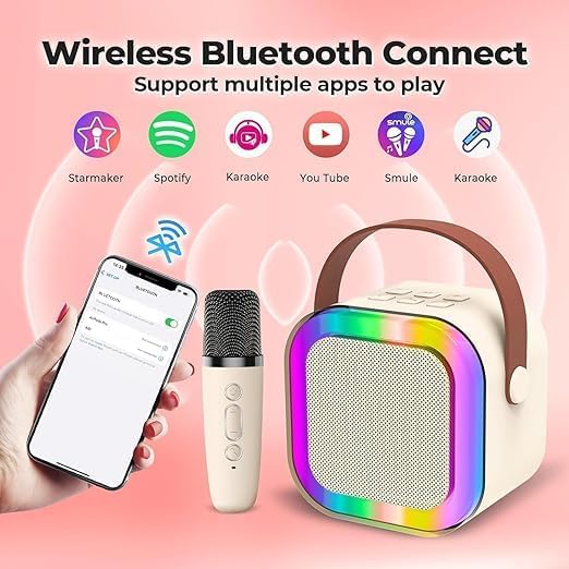 K12 Wireless Mini Karaoke Bluetooth Speaker with Microphone & LED Lights – Portable Musical Toy for Kids, Boys, Girls & Adults, Cute Birthday Gift (Blue)