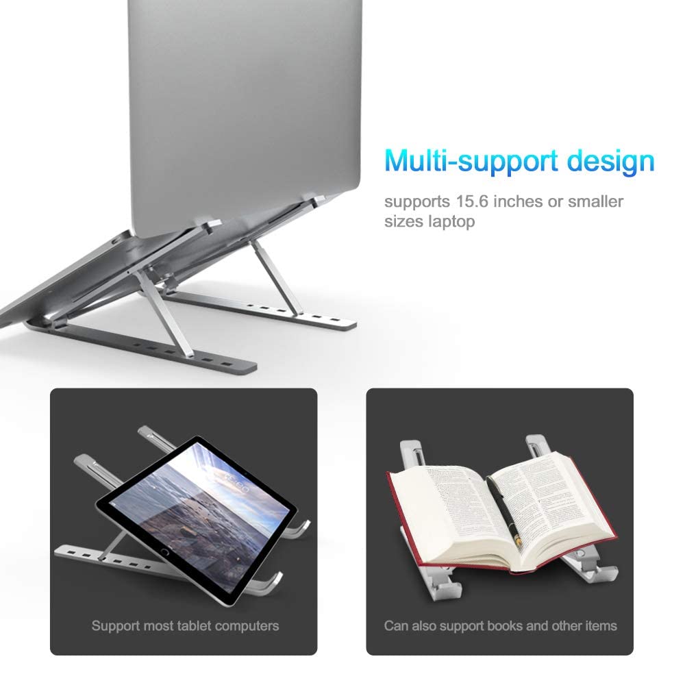 6-Angle Adjustable Aluminum Ergonomic Foldable Portable Tabletop Laptop & Desktop Riser Stand – Heat-Dissipation Design (Silver)
