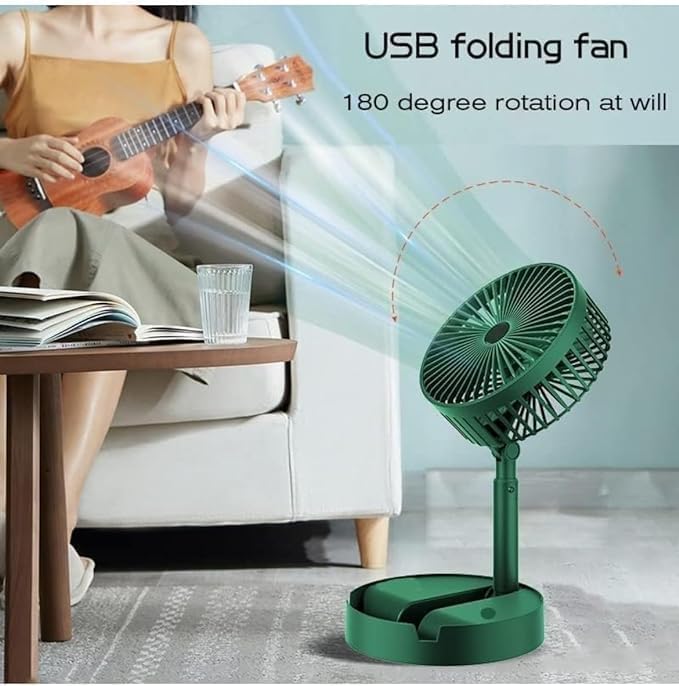 Portable Folding USB Table Fan – Rechargeable Mini Desk Fan with Adjustable Telescopic Stand, 3 Speeds, 6.5-Inch, 3000mAh Battery – Ideal for Home, Office, Kitchen, Camping & Outdoor (Green)