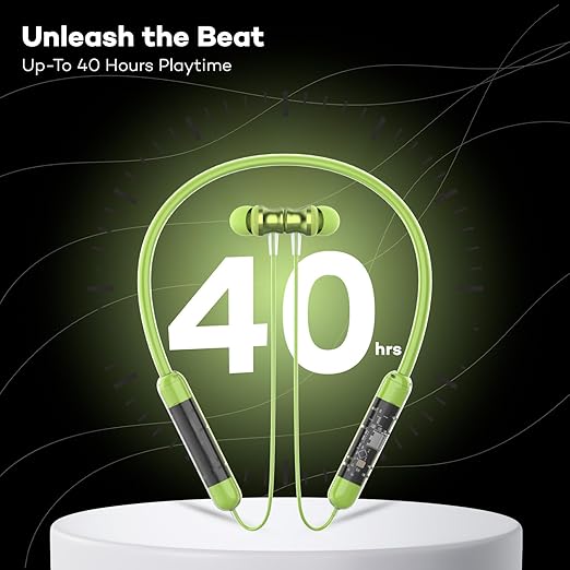Neckband Bluetooth Earphones with Transparent Design, Up to 40H Playtime, Bluetooth 5.2, Advanced Audio Features, HD Voice, Premium Fit (Green)