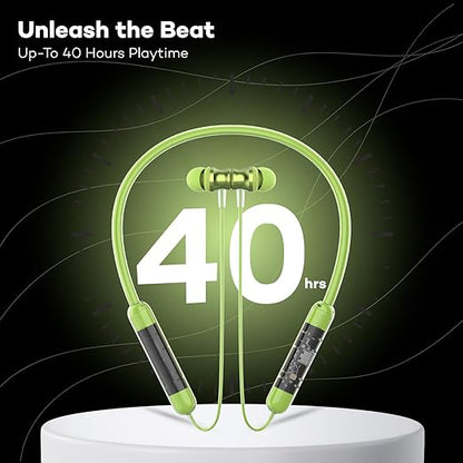 Neckband Bluetooth Earphones with Transparent Design, Up to 40H Playtime, Bluetooth 5.2, Advanced Audio Features, HD Voice, Premium Fit (Green)