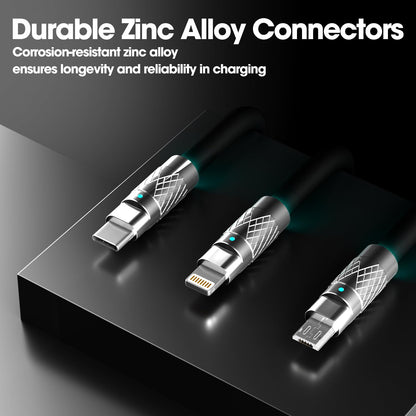 3-in-1 Fast Charging Cable 120W – USB-C, Lightning & Micro-USB Portable Charger Cord for iPhone, iPad, Smartphones, Tablets (Black)