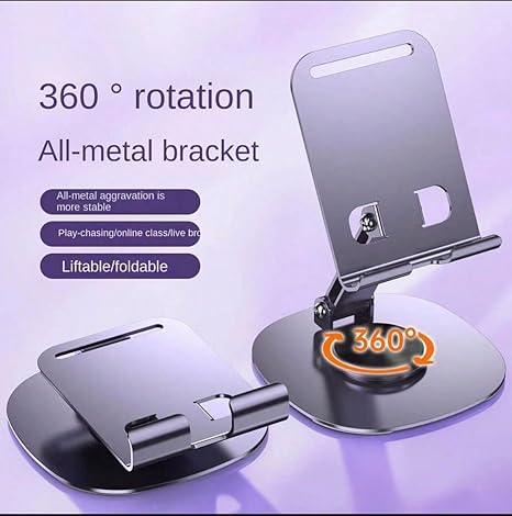 Heavy Metal 360° Adjustable Phone Stand for Desk – Sturdy Anti-Slip Mobile Holder, Rotatable & Foldable Tabletop Stand, Compatible with All Smartphones (Metal Silver)