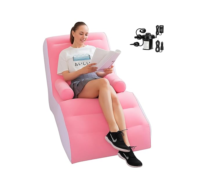 Inflatable Single Air Sofa with Electric Pump – Comfortable Portable Lounger Couch for Indoor, Outdoor & Beach Use (Pink)