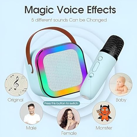 K12 Wireless Mini Karaoke Bluetooth Speaker with Microphone & LED Lights – Portable Musical Toy for Kids, Boys, Girls & Adults, Cute Birthday Gift (Blue)