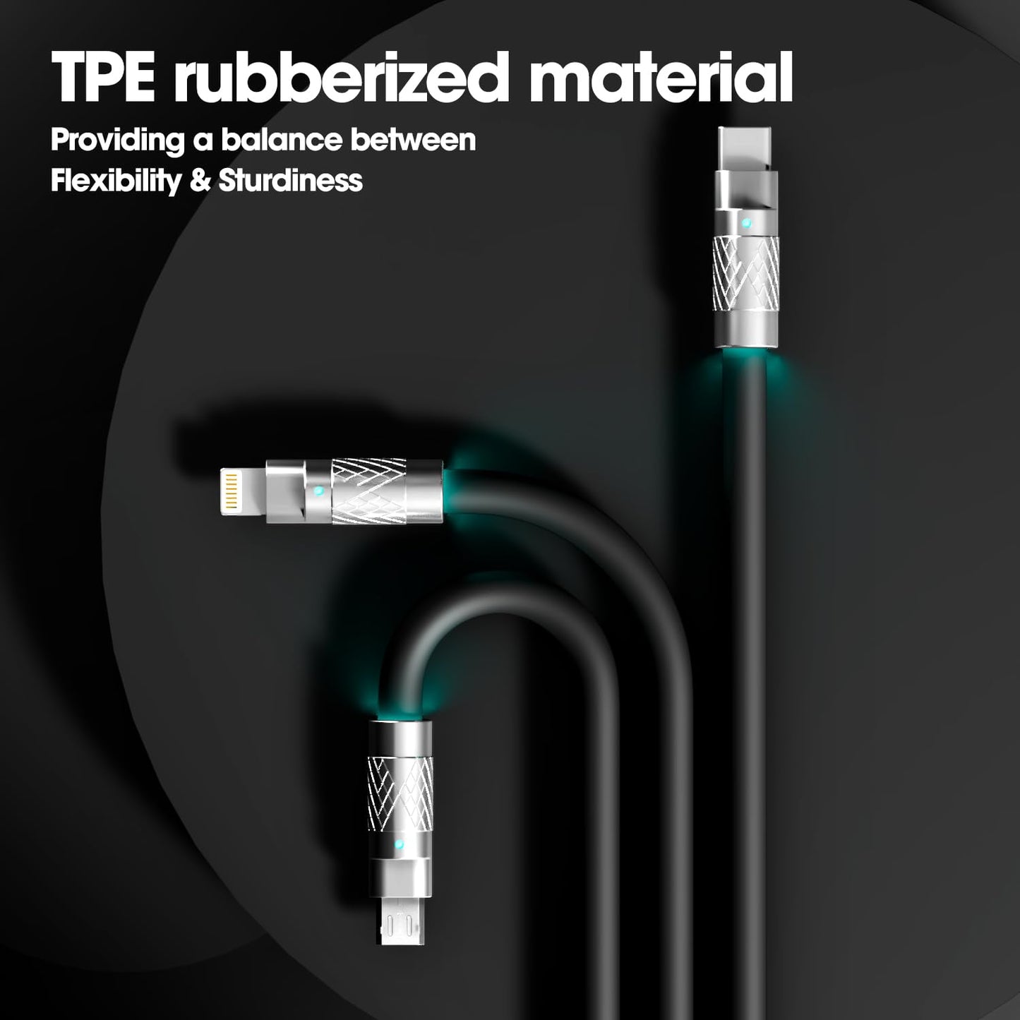 3-in-1 Fast Charging Cable 120W – USB-C, Lightning & Micro-USB Portable Charger Cord for iPhone, iPad, Smartphones, Tablets (Black)