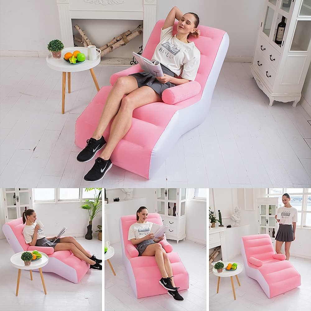 Inflatable Single Air Sofa with Electric Pump – Comfortable Portable Lounger Couch for Indoor, Outdoor & Beach Use (Pink)