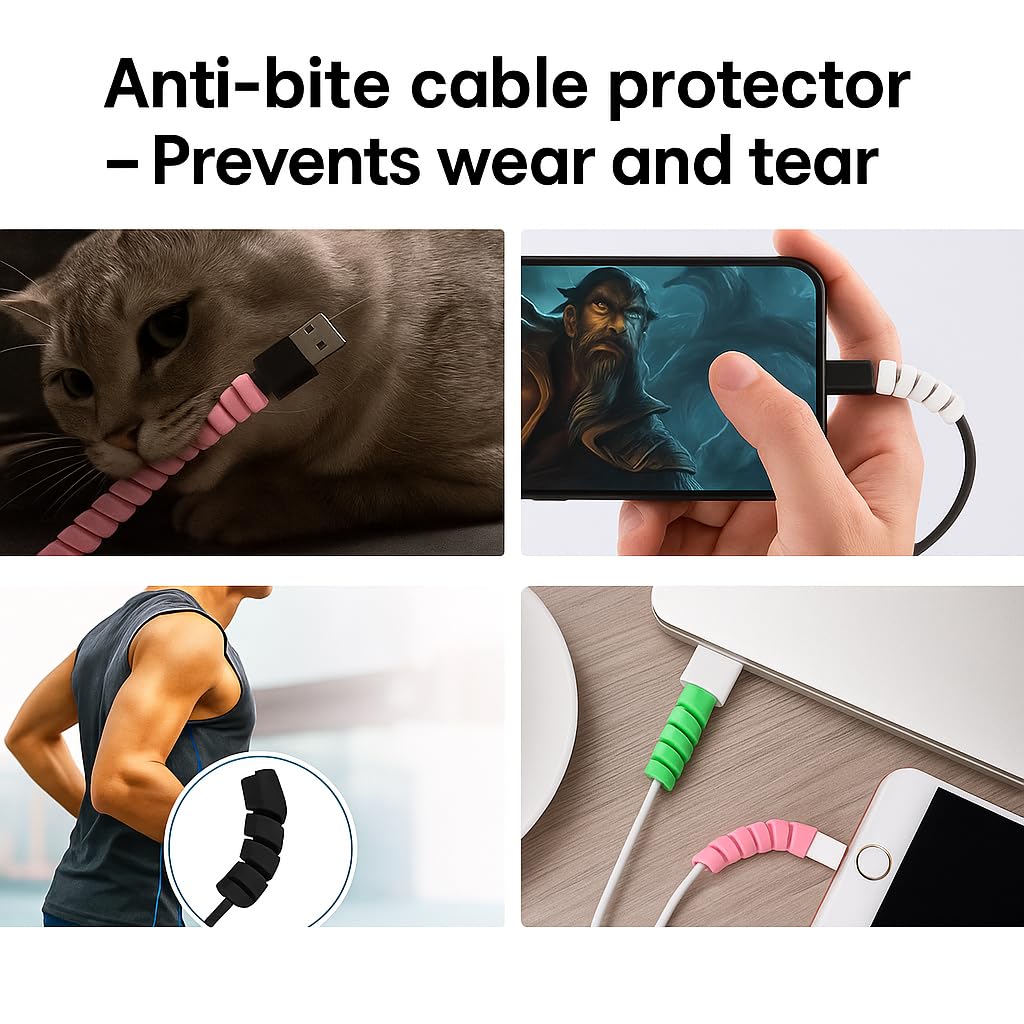 Twist Cable Protector Silicone Charger Cable Saver for USB Cables, Data Cables and Earphones – Set of 4 (Black, Blue, Pink, Green)