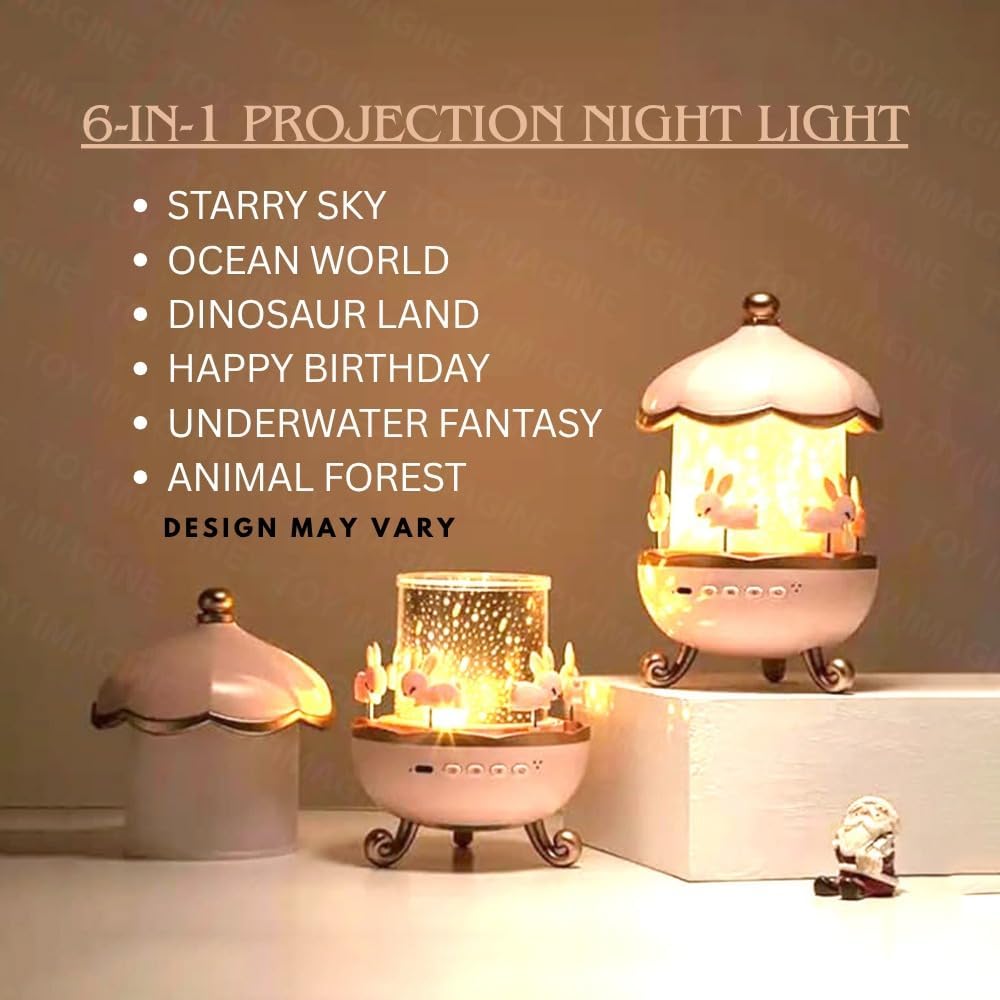 Bunny Carousel Night Light Projector Lamp – 360° Rotatable LED Night Lamp with 6 Film Shades, USB Rechargeable, Cute Bunny Design for Kids’ Bedroom, Babies, and Girls