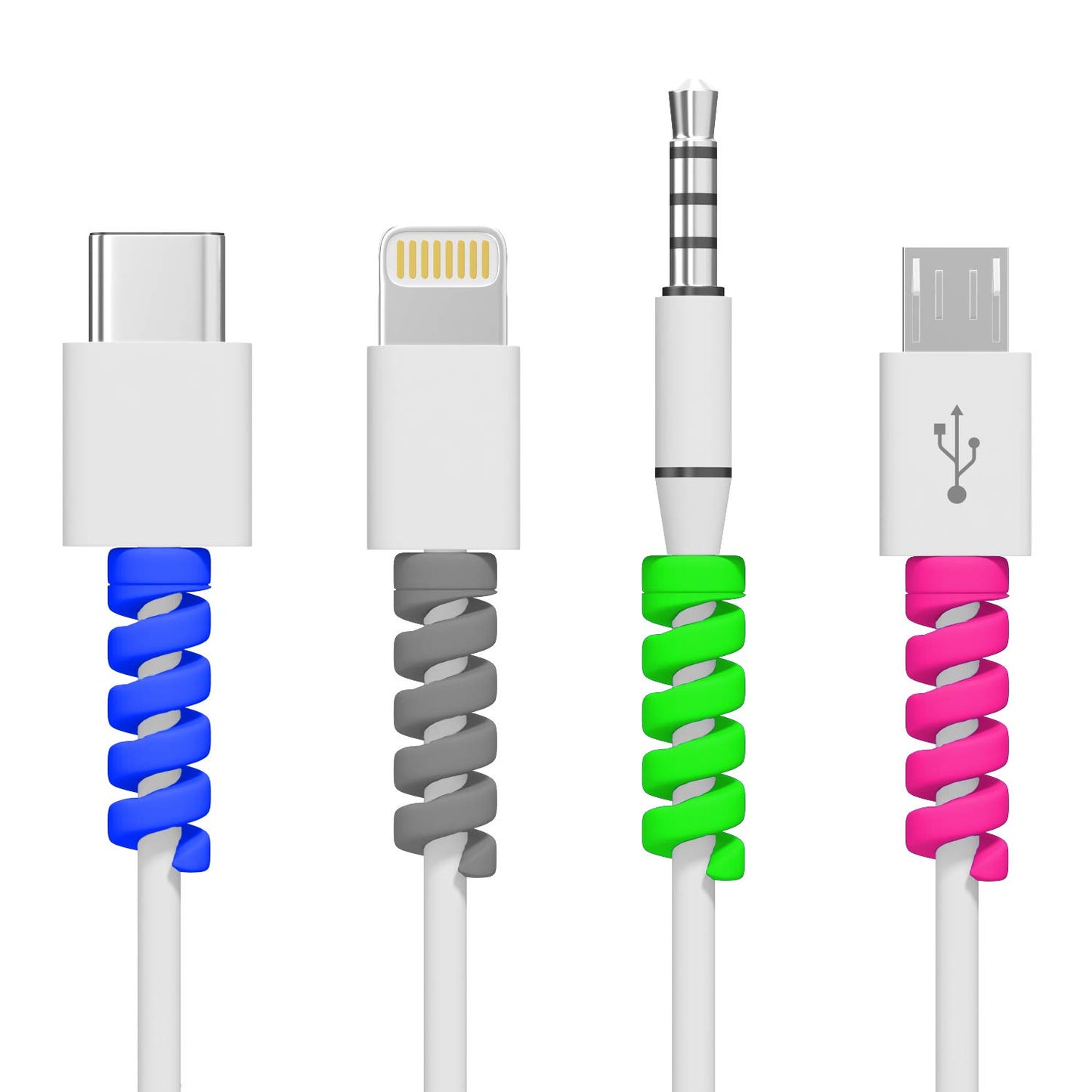 Twist Cable Protector Silicone Charger Cable Saver for USB Cables, Data Cables and Earphones – Set of 4 (Black, Blue, Pink, Green)