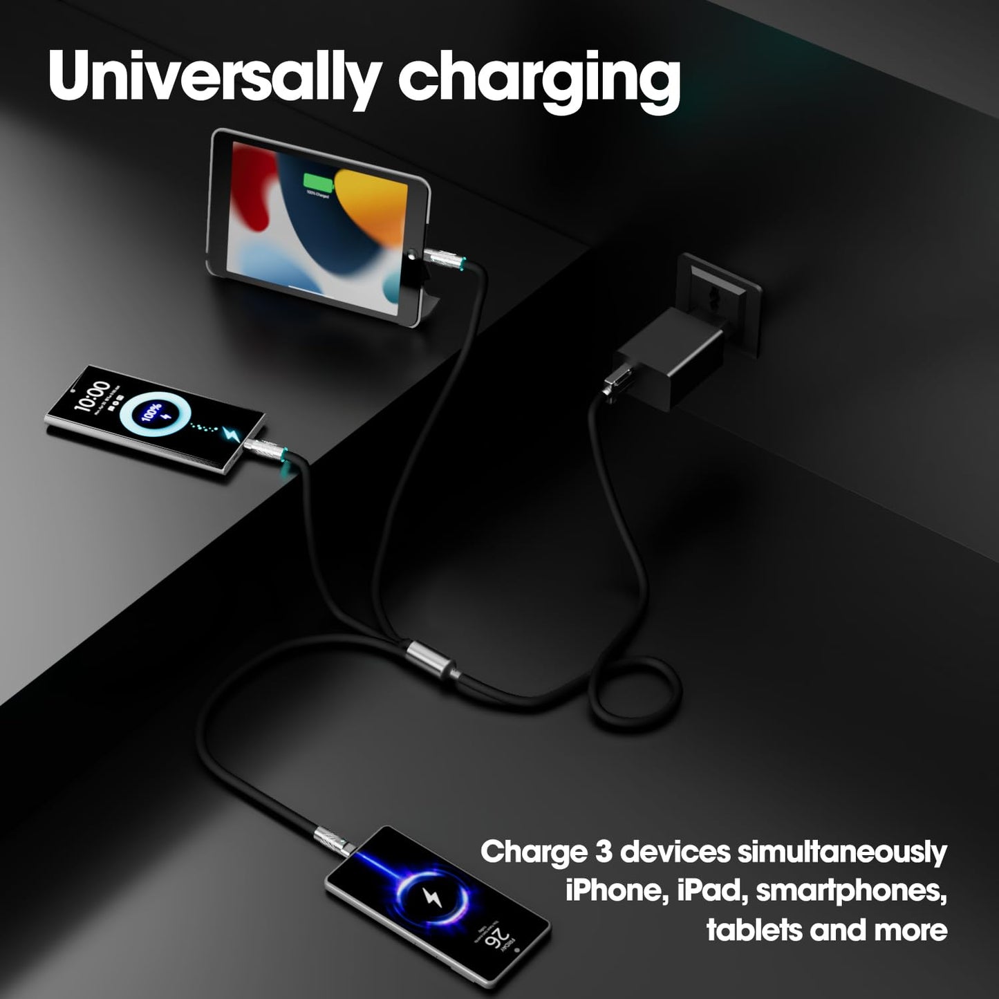 3-in-1 Fast Charging Cable 120W – USB-C, Lightning & Micro-USB Portable Charger Cord for iPhone, iPad, Smartphones, Tablets (Black)