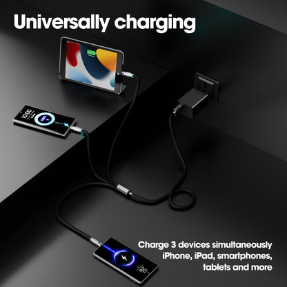 3-in-1 Fast Charging Cable 120W – USB-C, Lightning & Micro-USB Portable Charger Cord for iPhone, iPad, Smartphones, Tablets (Black)