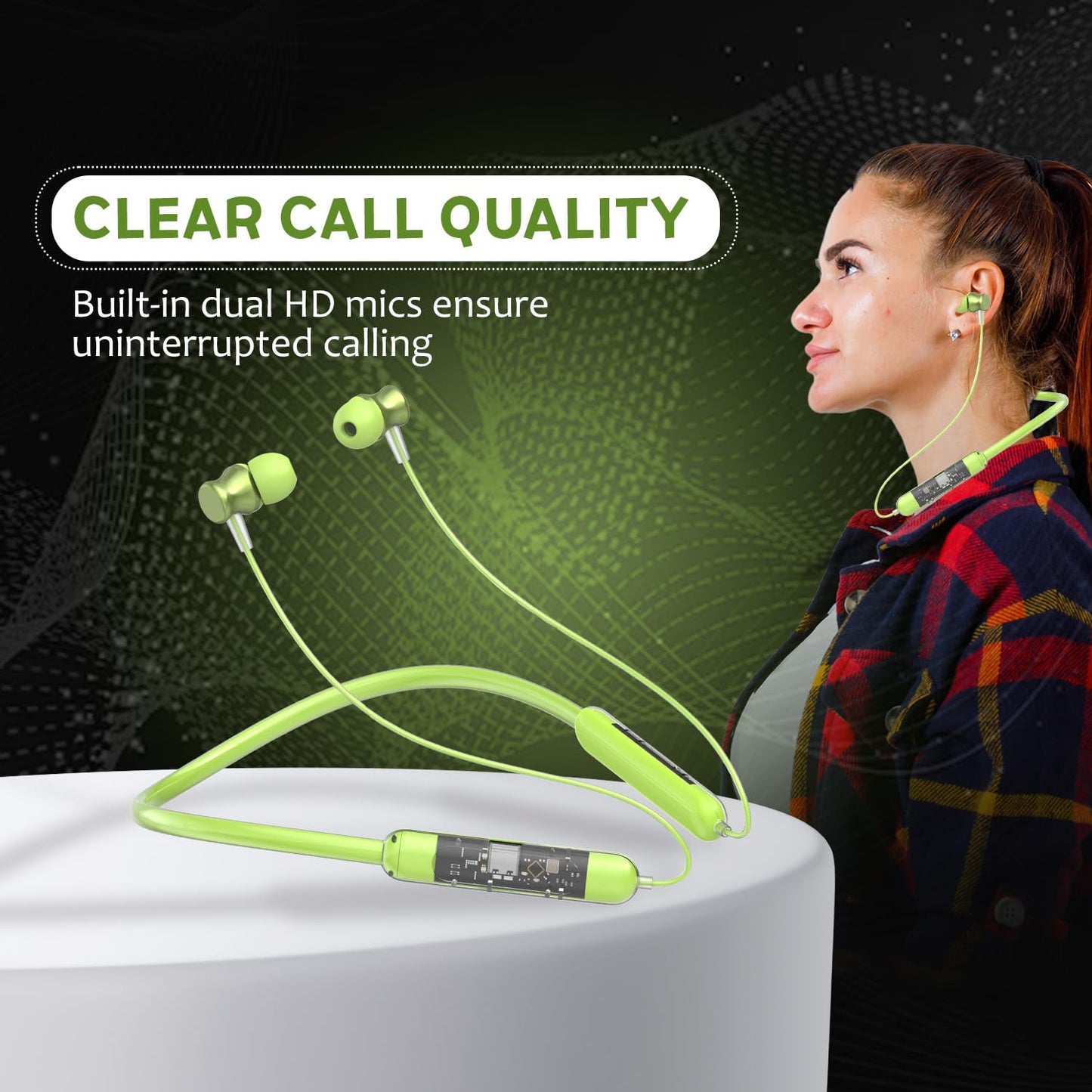 Neckband Bluetooth Earphones with Transparent Design, Up to 40H Playtime, Bluetooth 5.2, Advanced Audio Features, HD Voice, Premium Fit (Green)