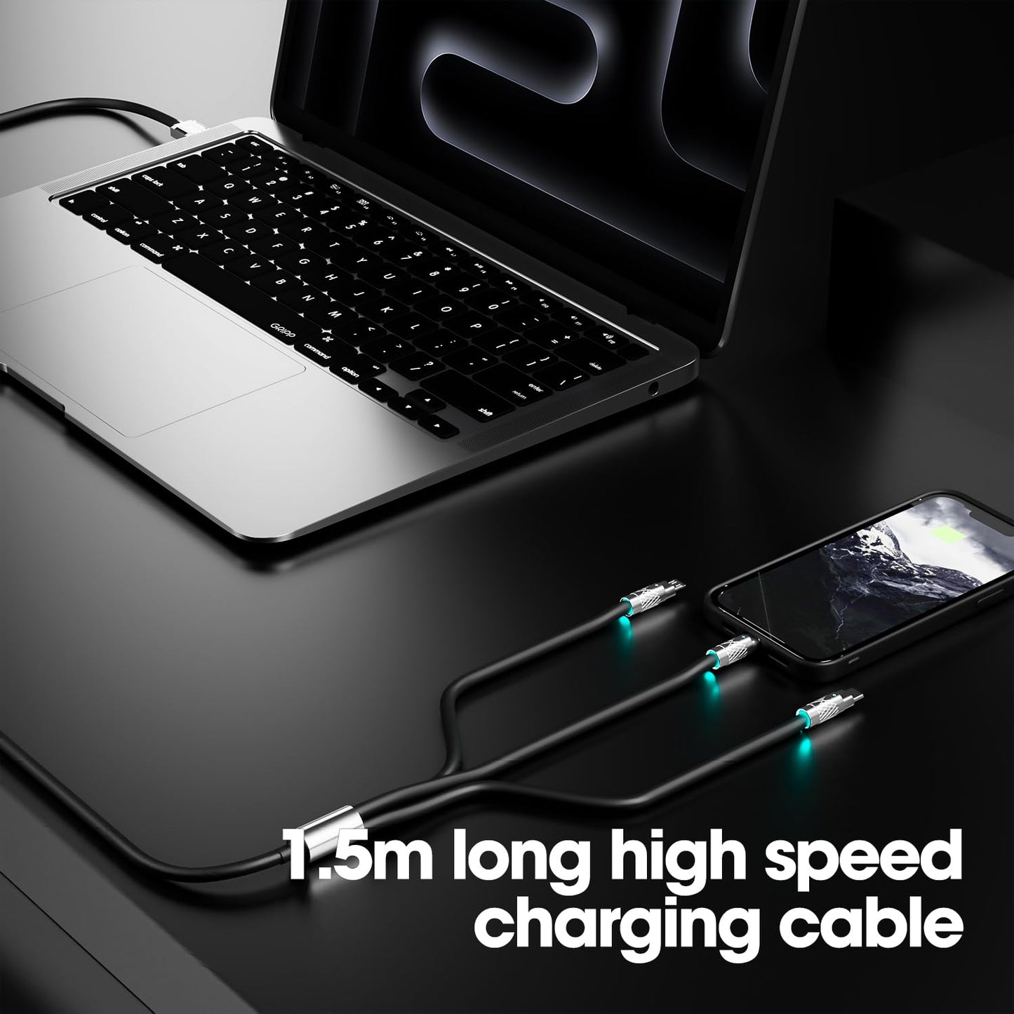 3-in-1 Fast Charging Cable 120W – USB-C, Lightning & Micro-USB Portable Charger Cord for iPhone, iPad, Smartphones, Tablets (Black)