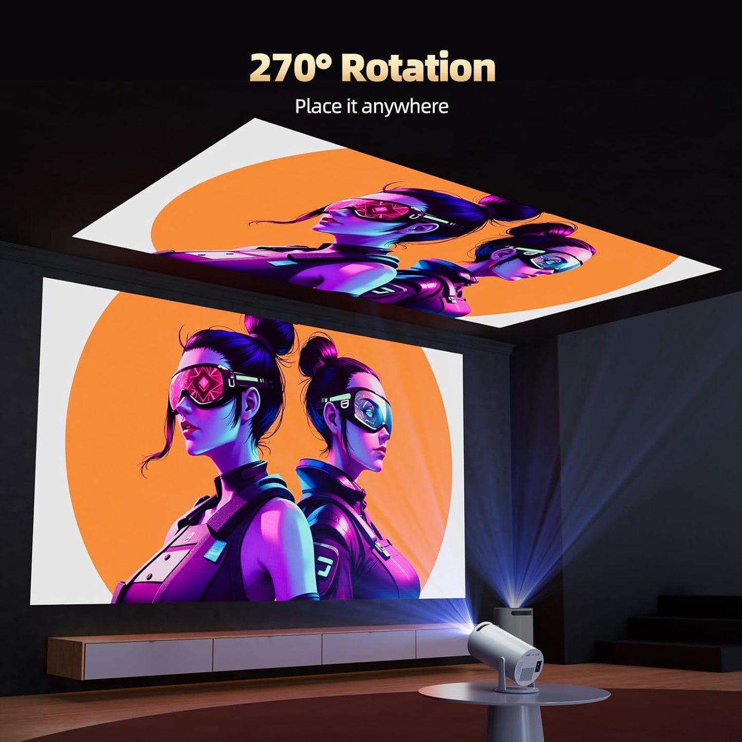 Mini Projector HY300 PRO – Portable 4K/1080P Video Projector with Dual-Band WiFi6 5G, Bluetooth 5.2, Android 11, 180° Rotatable, Auto Keystone, 35"-130" Screen (White)