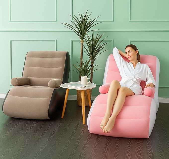 Inflatable Single Air Sofa with Electric Pump – Comfortable Portable Lounger Couch for Indoor, Outdoor & Beach Use (Pink)