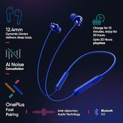 OnePlus Bullets Z2 Wireless Bluetooth Neckband Earphones with Mic – Bombastic Bass, 12.4mm Drivers, 10-Min Quick Charge, 20H Music, 30H Battery (Beam Blue)