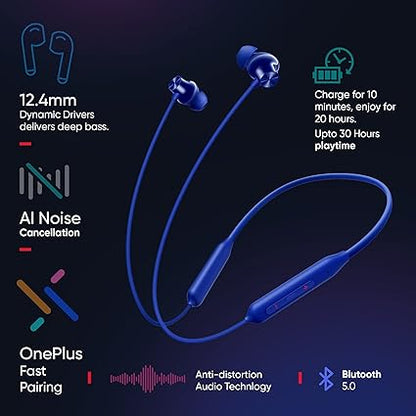 OnePlus Bullets Z2 Wireless Bluetooth Neckband Earphones with Mic – Bombastic Bass, 12.4mm Drivers, 10-Min Quick Charge, 20H Music, 30H Battery (Beam Blue)