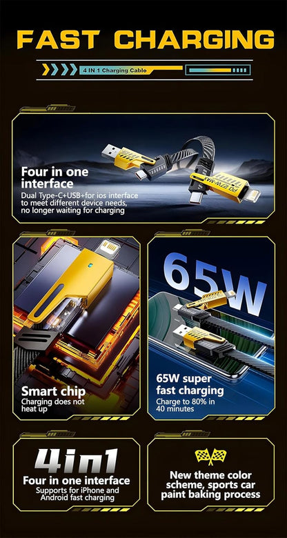 65W 4-in-1 Fast Charging Cable – USB-C, USB-A, Lightning, Micro USB, 1.2m Braided Cable, 3.1A Quick Charge, 480Mbps Data Transfer, Durable Metal Connectors (Black)