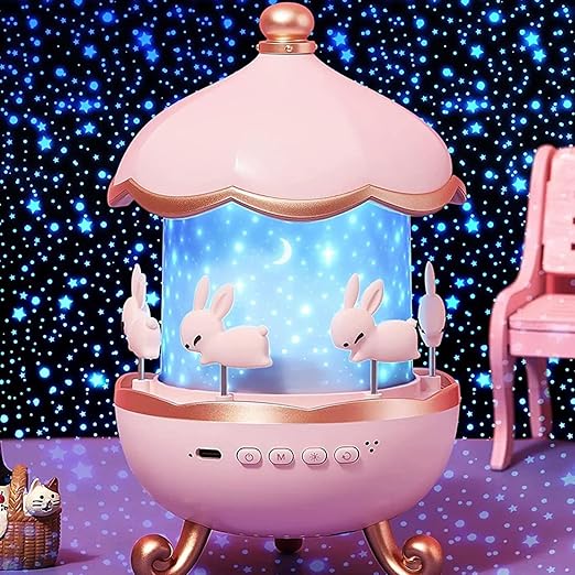Bunny Carousel Night Light Projector Lamp – 360° Rotatable LED Night Lamp with 6 Film Shades, USB Rechargeable, Cute Bunny Design for Kids’ Bedroom, Babies, and Girls