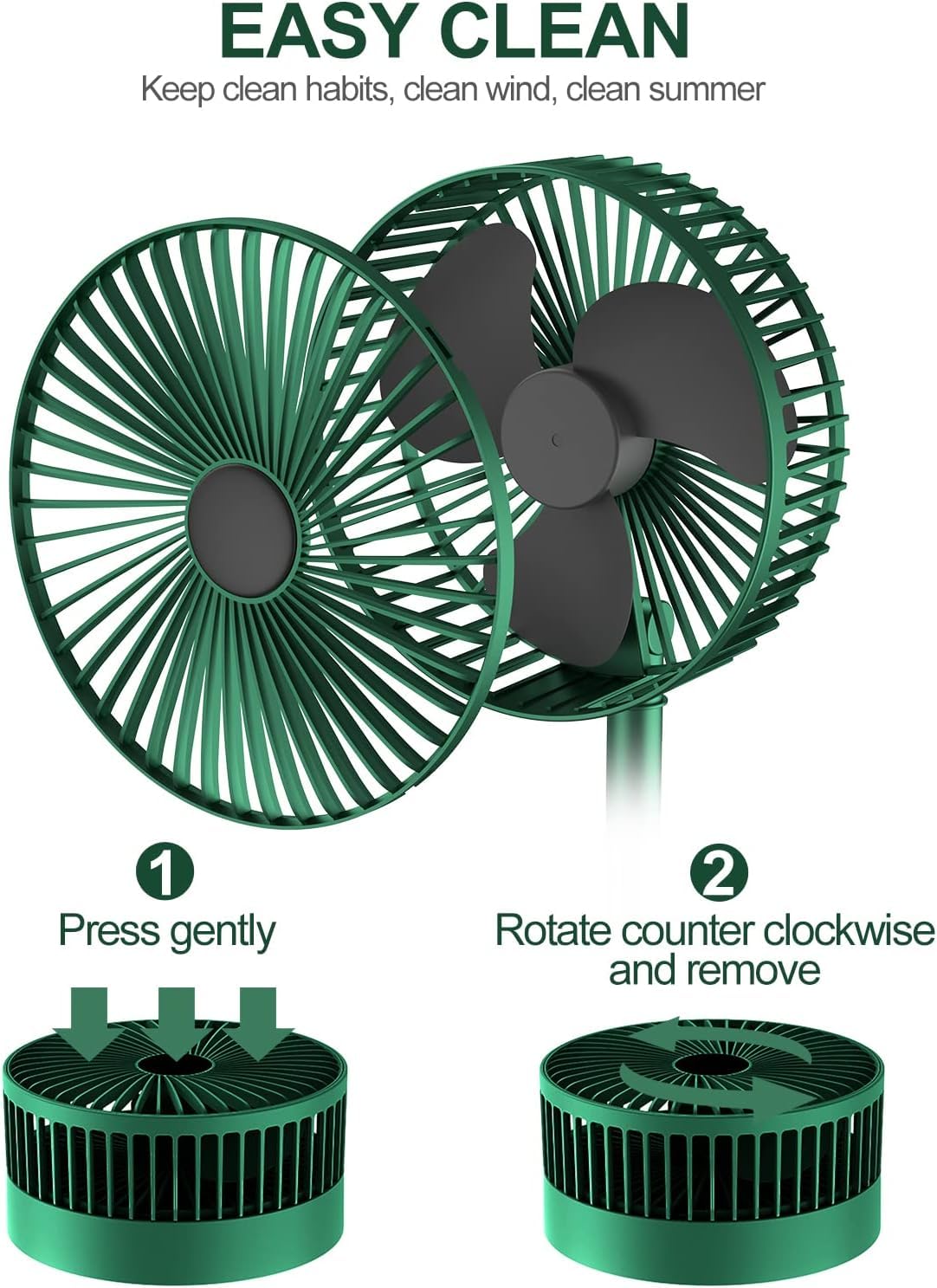 Portable Folding USB Table Fan – Rechargeable Mini Desk Fan with Adjustable Telescopic Stand, 3 Speeds, 6.5-Inch, 3000mAh Battery – Ideal for Home, Office, Kitchen, Camping & Outdoor (Green)