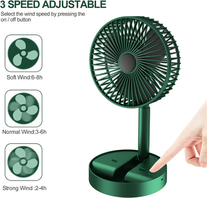 Portable Folding USB Table Fan – Rechargeable Mini Desk Fan with Adjustable Telescopic Stand, 3 Speeds, 6.5-Inch, 3000mAh Battery – Ideal for Home, Office, Kitchen, Camping & Outdoor (Green)