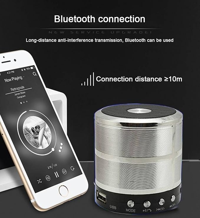 Rock Music RM-887 Bluetooth Wireless Speaker – Portable Compact Speaker with Clear Sound & Strong Bass (Silver)