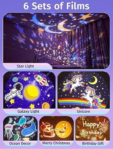 Bunny Carousel Night Light Projector Lamp – 360° Rotatable LED Night Lamp with 6 Film Shades, USB Rechargeable, Cute Bunny Design for Kids’ Bedroom, Babies, and Girls
