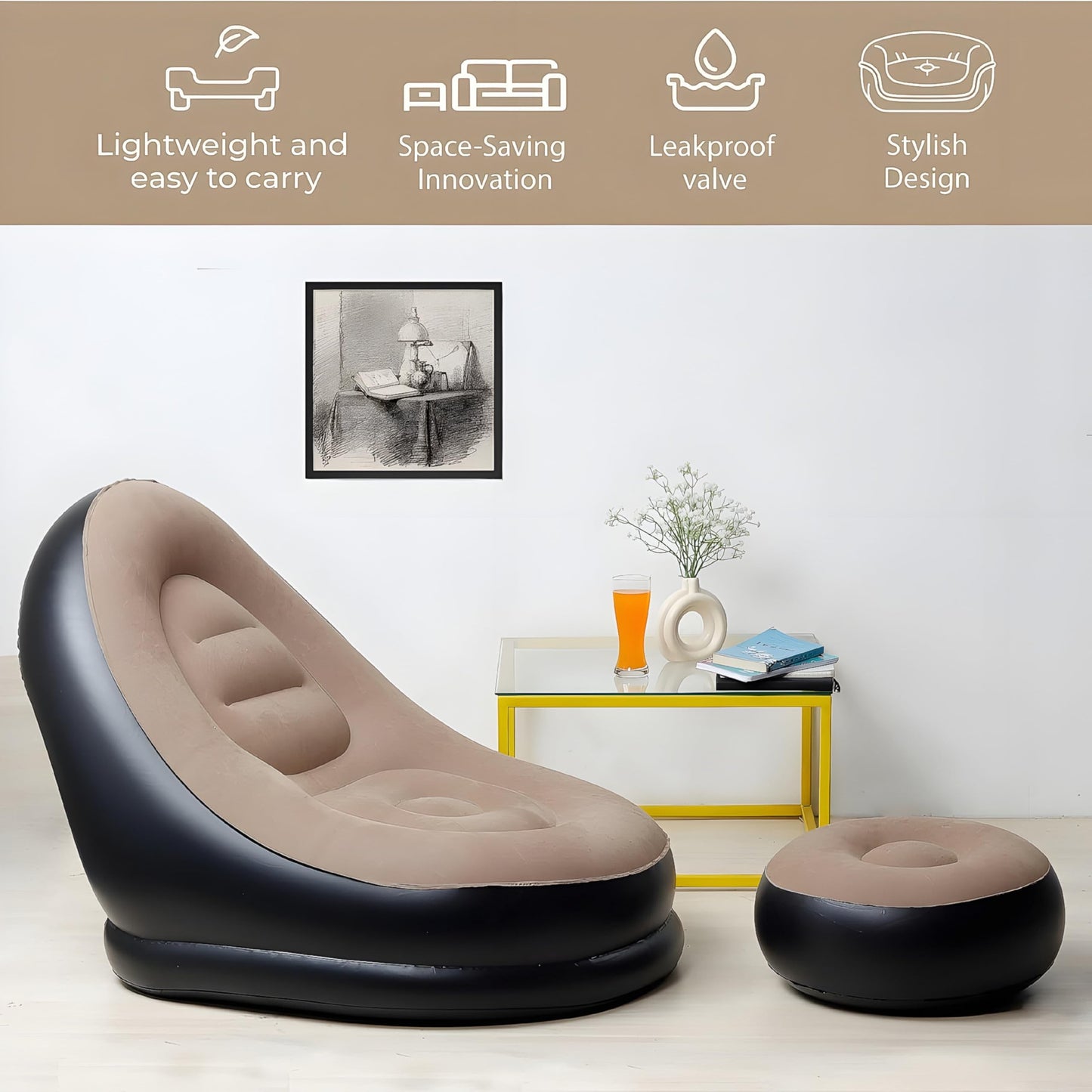 Inflatable Chair Sofa with Footstool – Portable Indoor & Outdoor Recliner Couch with Air Pump (Brown)