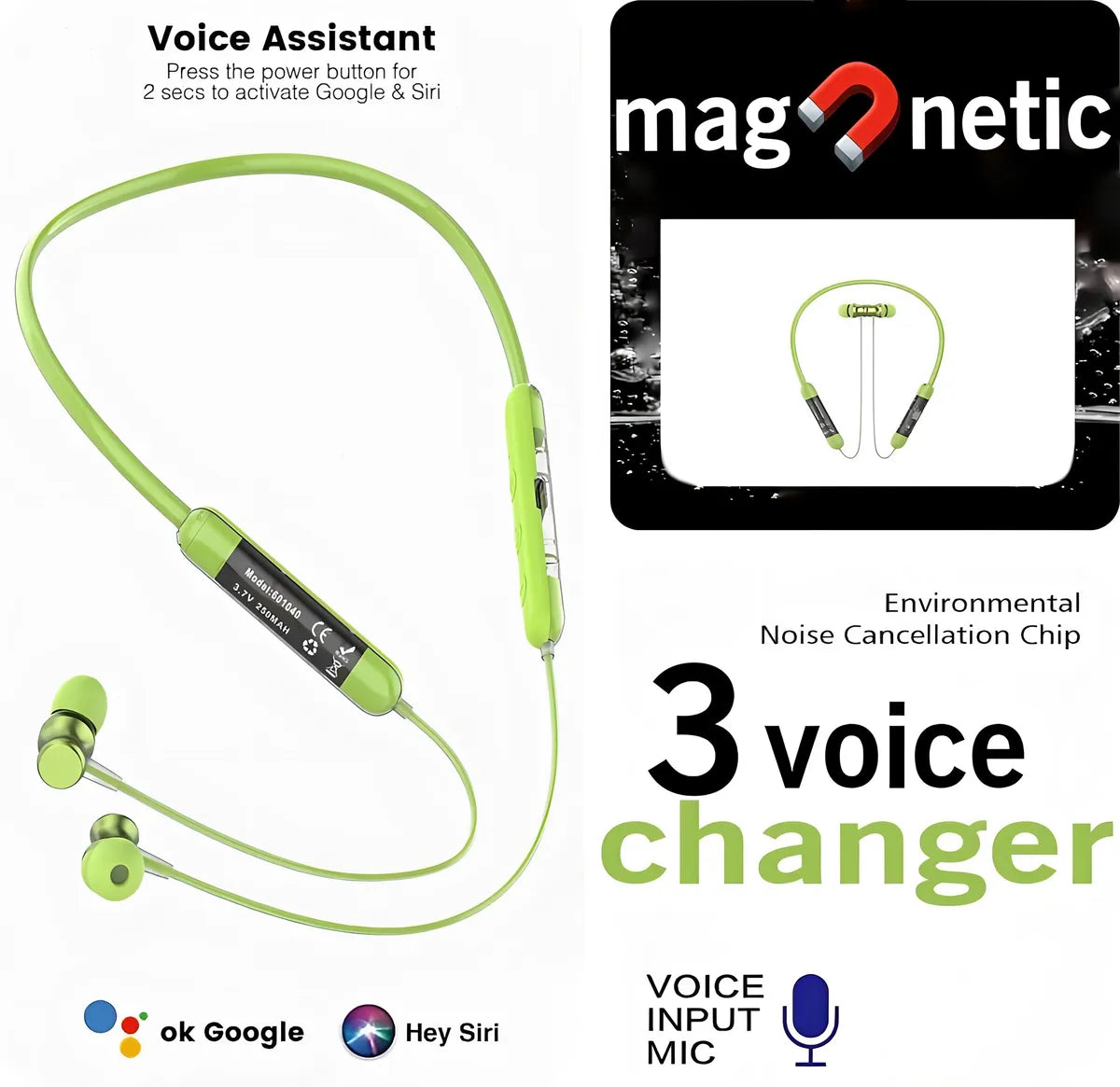 Neckband Bluetooth Earphones with Transparent Design, Up to 40H Playtime, Bluetooth 5.2, Advanced Audio Features, HD Voice, Premium Fit (Green)