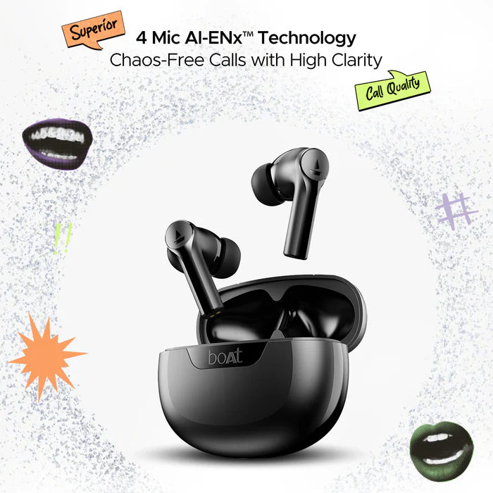 boAt Airdopes 300 Wireless Earbuds with 50 Hours Playback, Quad Mics with AI ENx™ Tech, ASAP™ Charge, Spatial Audio (Black)