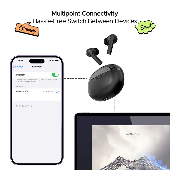 boAt Airdopes 300 Wireless Earbuds with 50 Hours Playback, Quad Mics with AI ENx™ Tech, ASAP™ Charge, Spatial Audio (Black)