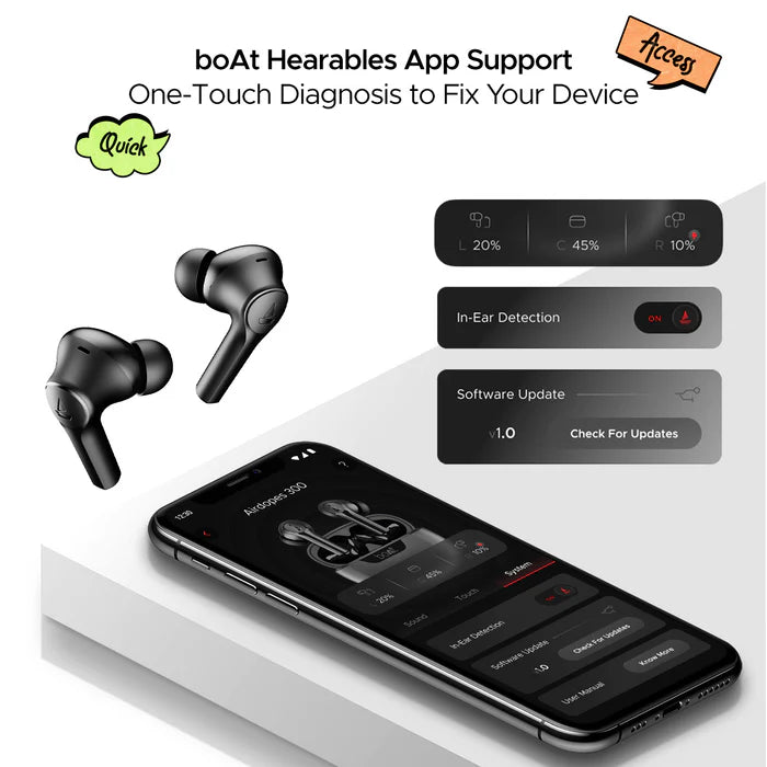 boAt Airdopes 300 Wireless Earbuds with 50 Hours Playback, Quad Mics with AI ENx™ Tech, ASAP™ Charge, Spatial Audio (Black)