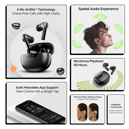 boAt Airdopes 300 Wireless Earbuds with 50 Hours Playback, Quad Mics with AI ENx™ Tech, ASAP™ Charge, Spatial Audio (Black)