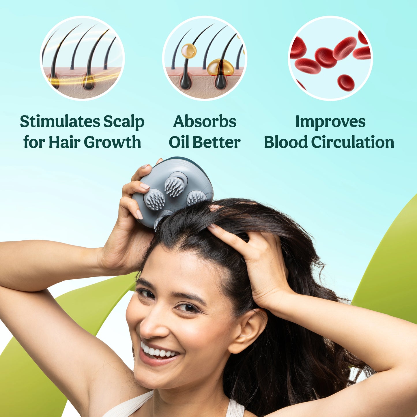 Caresmith Revive Scalp Massager with 96 Silicone Kneading Points, Detachable & Washable Heads, Electric Scalp, Head & Body Massager for Hair Growth and Relaxation (Green)