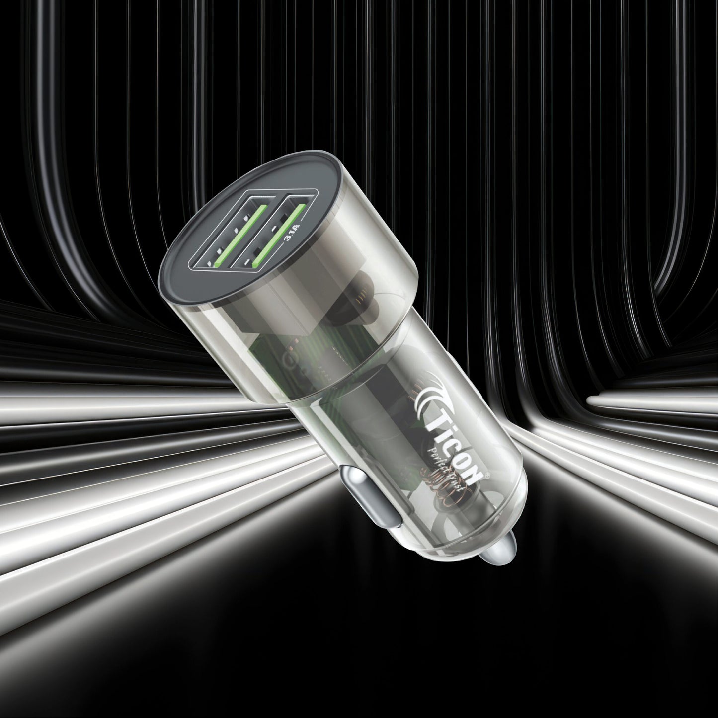 Ticon CU‑30 Car Charger with Dual USB Ports and Fast Charging Capabilities, Transparent Design (Black)