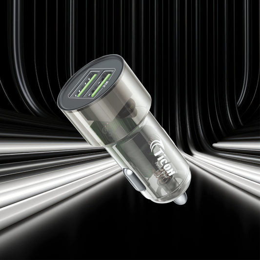 Ticon CU‑30 Car Charger with Dual USB Ports and Fast Charging Capabilities, Transparent Design (Black)