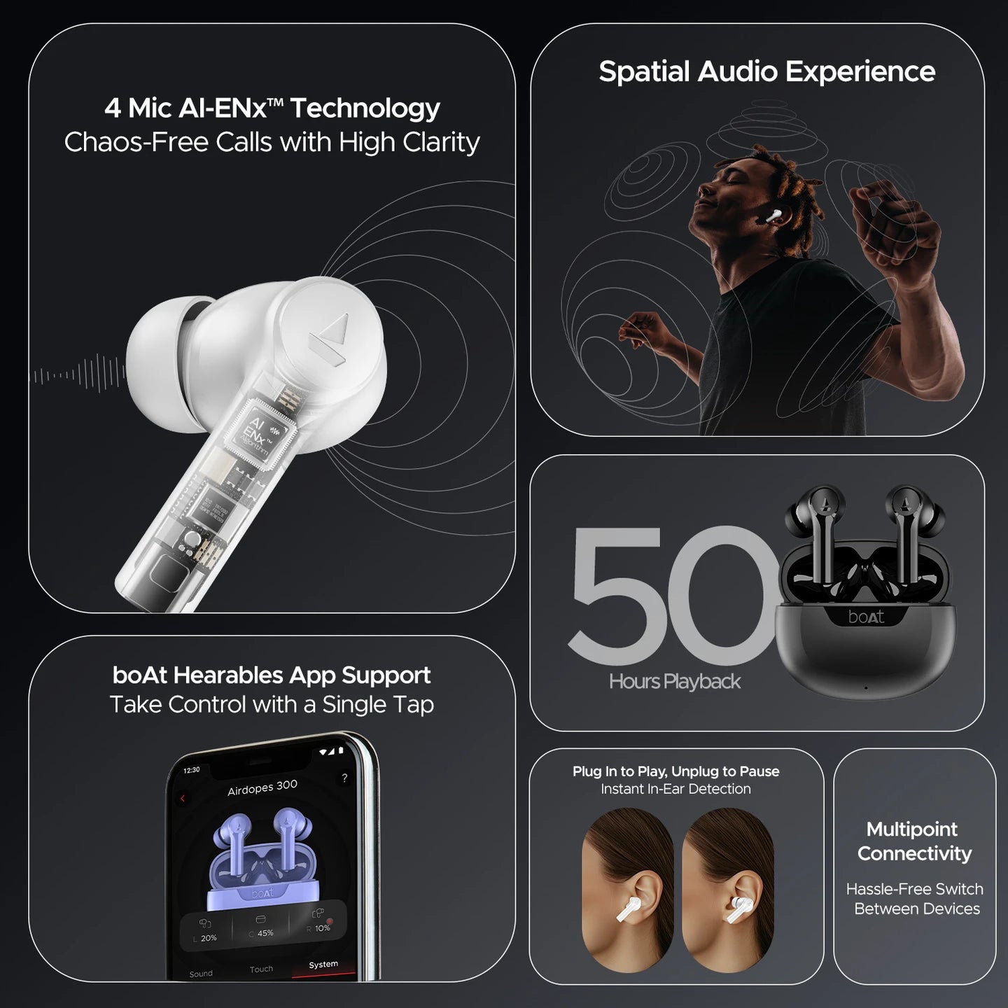 boAt Airdopes 300 Wireless Earbuds with 50 Hours Playback, Quad Mics with AI ENx™ Tech, ASAP™ Charge, Spatial Audio (Black)