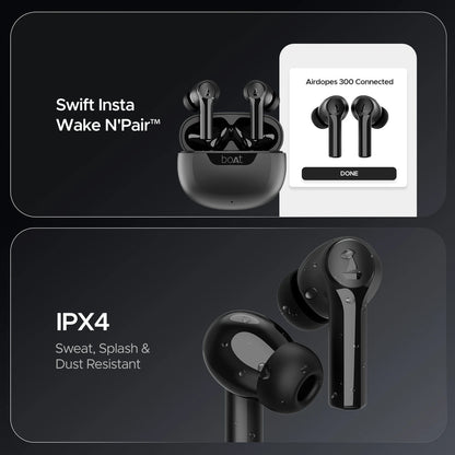 boAt Airdopes 300 Wireless Earbuds with 50 Hours Playback, Quad Mics with AI ENx™ Tech, ASAP™ Charge, Spatial Audio (Black)