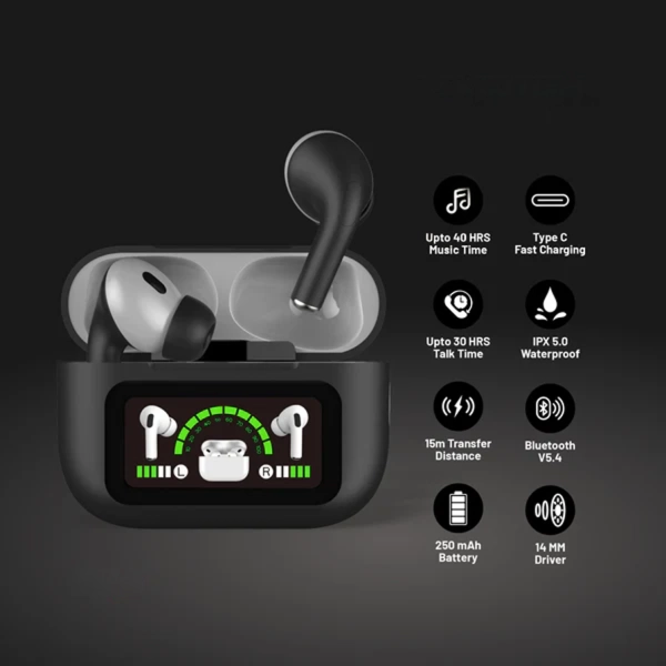 AIRPODS DISPLAY ENC GEN 3 – Wireless Earbuds with 40H Music Playtime, 30H Talk Time, Type-C Fast Charging, IPX5 Waterproof, Bluetooth 5.4, 15m Range, 250mAh Battery & 14mm Drivers (Black, White, Blue, Green)