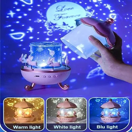 Bunny Carousel Night Light Projector Lamp – 360° Rotatable LED Night Lamp with 6 Film Shades, USB Rechargeable, Cute Bunny Design for Kids’ Bedroom, Babies, and Girls